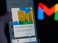 An user opening new Gmail App with the new logo and Google Meet in L'Aquila, Italy, on October 23, 2020. After seven years Google Mail Gmail...