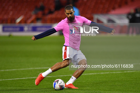 
Lewis Grabban of Nottingham Forest warms up ahead of kick-off during the Sky Bet Championship match between Nottingham Forest and Derby Cou...