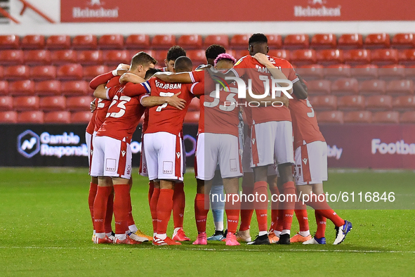 
Forest players in a huddle during the Sky Bet Championship match between Nottingham Forest and Derby County at the City Ground, Nottingham...