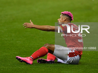 
Lyle Taylor of Nottingham Forest gestures during the Sky Bet Championship match between Nottingham Forest and Derby County at the City Grou...
