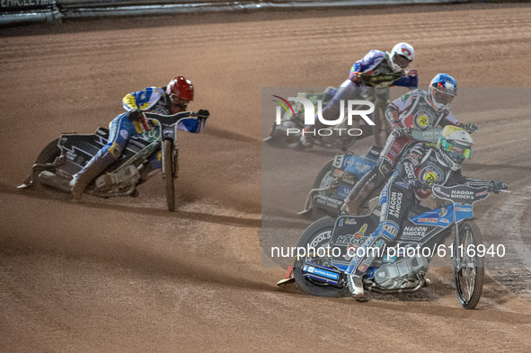 
Jason Doyle (Yellow) leads Steve Worrall (Blue) Richard Lawson (Red) and Jason Crump (White) during the Peter Craven Memorial Trophy at the...