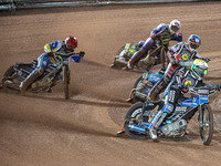 
Jason Doyle (Yellow) leads Steve Worrall (Blue) Richard Lawson (Red) and Jason Crump (White) during the Peter Craven Memorial Trophy at the...