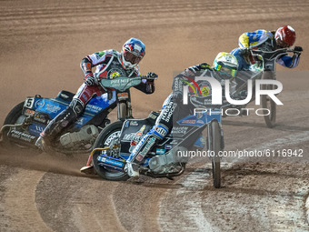 
Jason Doyle (Yellow) leads Steve Worrall (Blue) and Richard Lawson (Red)  during the Peter Craven Memorial Trophy at the National Speedway...