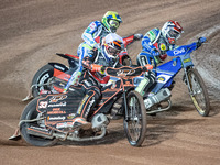 
Sam Masters (White) outside Richie Worrall (Red) with Chris Harris (Yellow) behind  during the Peter Craven Memorial Trophy at the National...