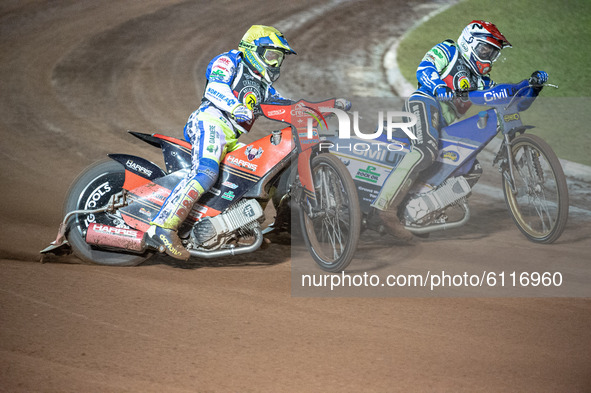 
Chris Harris (Yellow) outside Richie Worrall (Red) during the Peter Craven Memorial Trophy at the National Speedway Stadium, Manchester on...