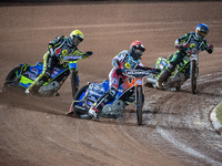 
Brady Kurtz (Red) leads Troy Batchelor (Yellow) and Jye Etheridge (Blue) during the Peter Craven Memorial Trophy at the National Speedway S...