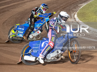 
Lewis Kerr (White) leads Kyle Howarth (Blue) during the Peter Craven Memorial Trophy at the National Speedway Stadium, Manchester on Thursd...
