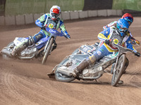 
Richard Lawson (Blue) leads Richie Worrall (White) and Jordan Palin (Red) during the Peter Craven Memorial Trophy at the National Speedway...
