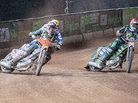 
Drew Kemp (White) outside Jye Etheridge (Red) with Jason Crump (Yellow) behind during the Peter Craven Memorial Trophy at the National Spee...