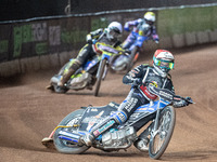
Jason Doyle (Red) leads Troy Batchelor (White) and Lewis Kerr (Yellow) during the Peter Craven Memorial Trophy at the National Speedway Sta...