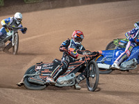 
Sam Masters (Red) leads Lewis Kerr (White) and Jye Etheridge (Yellow) during the Peter Craven Memorial Trophy at the National Speedway Stad...