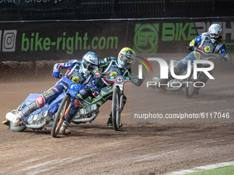 
Lewis Kerr (Blue) leads Jye Etheridge (Yellow) and Richard Lawson (White) during the Peter Craven Memorial Trophy at the National Speedway...