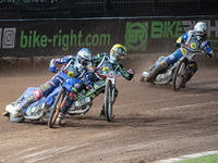 
Lewis Kerr (Blue) leads Jye Etheridge (Yellow) and Richard Lawson (White) during the Peter Craven Memorial Trophy at the National Speedway...