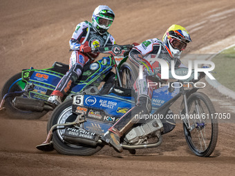 
Steve Worrall (Yellow) leads Dan Bewley (White)  during the Peter Craven Memorial Trophy at the National Speedway Stadium, Manchester on Th...