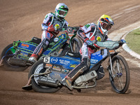
Steve Worrall (Yellow) leads Dan Bewley (White)  during the Peter Craven Memorial Trophy at the National Speedway Stadium, Manchester on Th...