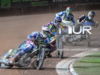 
Jason Crump (White) leads Rory Schlein (Blue) Kyle Howarth (Yellow) and Chris Harris(Red) during the Peter Craven Memorial Trophy at the Na...