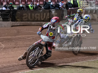 
Steve Worrall (Red) leads Chris Harris (White) and Jye Etheridge (Yellow) during the Peter Craven Memorial Trophy at the National Speedway...