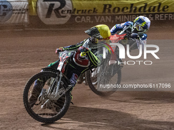 
Jye Etheridge (Yellow) passes Chris Harris (White) during the Peter Craven Memorial Trophy at the National Speedway Stadium, Manchester on...