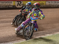 
Rory Schlein (Red) leads Sam Masters (Blue) during the Peter Craven Memorial Trophy at the National Speedway Stadium, Manchester on Thursda...