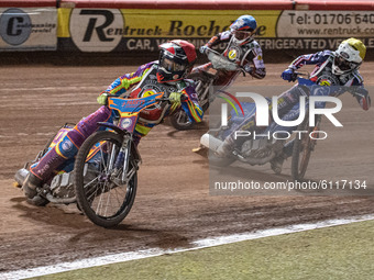 
Rory Schlein (Red) leads Lewis Kerr (Yellow) and Steve Worrall (Blue) during the Peter Craven Memorial Trophy at the National Speedway Stad...