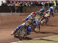 
Jason Crump (Red) leads Troy Batchelor (Blue) and Jordan Palin (White) during the Peter Craven Memorial Trophy at the National Speedway Sta...