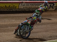 
Dan Bewley (Red) leads Rory Schlein (White) during the Peter Craven Memorial Trophy at the National Speedway Stadium, Manchester on Thursda...