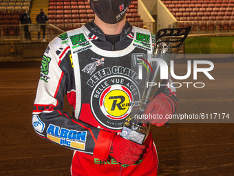 
Dan Bewley with his second place trophy during the Peter Craven Memorial Trophy at the National Speedway Stadium, Manchester on Thursday 22...