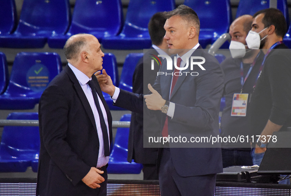 Sarunas Jasikevicius and Pablo Laso during the match between FC Barcelona and Real Madrid, corresponding to the week 5 of the Euroleague, pl...