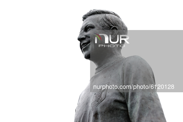 A statue of former Blackpool player Jimmy Armfield is seen outside the ground prior to the Sky Bet League 1 match between Blackpool and MK D...
