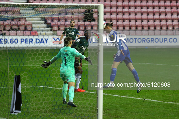 Wigans Will Keane scores to make it 1-1 during the Sky Bet League 1 match between Wigan Athletic and Plymouth Argyle at the DW Stadium, Wiga...