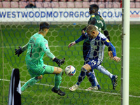 Wigans Joe Garner come close in the second half during the Sky Bet League 1 match between Wigan Athletic and Plymouth Argyle at the DW Stadi...