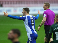 Wigans Lee Evans the moment his goal is disallowed during the Sky Bet League 1 match between Wigan Athletic and Plymouth Argyle at the DW St...