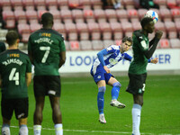 Wigans Tom Pearce come close with a free kick during the Sky Bet League 1 match between Wigan Athletic and Plymouth Argyle at the DW Stadium...
