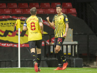  Stipe Perica of Watford celebrates scoring his sides first goal with Tom Cleverley of Watford   during the Sky Bet Championship match betwe...
