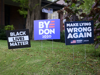 Numerous signs in support of the Biden-Harris ticket are found in the liberal Mt Airy neighborhood in Northwest Philadelphia, PA, on October...