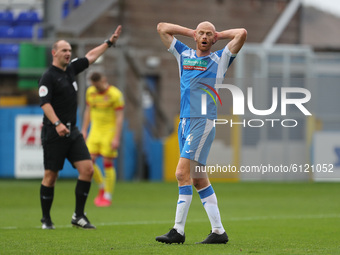 Barrow's Jason Taylor reacts after going xlose during the Sky Bet League 2 match between Barrow and Walsall at the Holker Street, Barrow-in-...