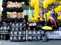 Group protesters holding signs with the sentences Free Hong Kong and Revolution of your times and Save12 on October 25, 2020 in Taipei, Taiw...