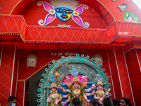 Durga Puja Pandal at Sherpur, Bogura in Bangladesh on 26 October, 2020. Hindus in Bangladesh are celebrating Vijayadashami, The Durga Puja f...