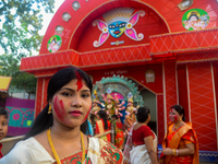After Sindurkhela the hindu woman is standing in front of Puja Pandel at Sherpur, Bogura in Bangladesh on 26 October 2020 Hindus in Banglade...
