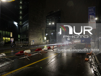 Street barricades are knocked over during anti-government demonstrations on October 26, 2020 in Milan, Italy. Following a surge in new COVID...