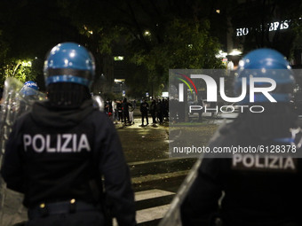 Riot police during anti-government demonstrations on October 26, 2020 in Milan, Italy. Following a surge in new COVID-19 cases, demonstrator...