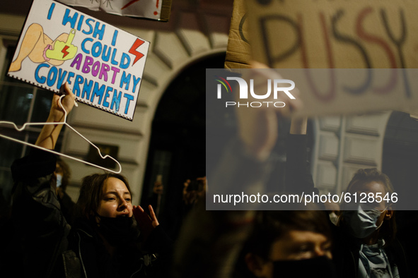 Opponents of Poland's new abortion restrictions demonstrate outside the Polish Embassy on Portland Place in London, England, on October 26,...