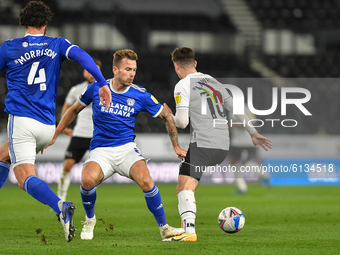 
Joe Ralls of Cardiff City fouls Tom Lawrence of Derby County on the edge of the area during the Sky Bet Championship match between Derby Co...