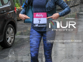 Jenni Falconer seen leaving Global Studios, Smooth FM and ready to take part in the Vitality 10k London Virtual Race, London UK, 29 Oct 2020...