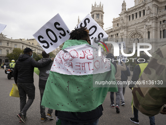 Youths from nigierian origin, protest on October 29, 2020 in the center of Madrid, Spain, by police brutality, after the generalized reports...