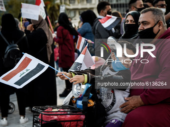Iraqi refugees living in Greece protest front of the Greek Parliament in in Athens, Greece on October 29, 2020 for their rights and for asyl...