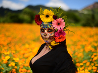 A woman dressed in a black dress and made up like the traditional catrina, wearing flowers on her head, watch the camera while poses for a p...