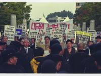 This Pictures taken date is 2003. A Protesters hold pickets and shout slogans during a  anti-war rally about South Korean government Iraq mi...