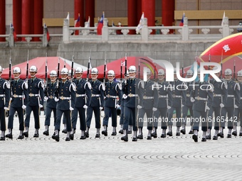 Tri-service honour (honor)guards perform during an event promoting patriotic education and recruiting new members for military organisations...
