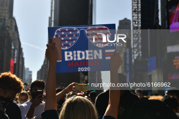 Celebrations erupted throughout New York City after the announcement of Donald Trump's defeat to Joe Biden in the presidential election, Sat...